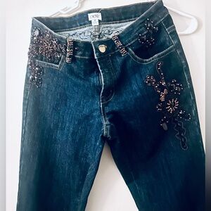 CACHE Dark Wash Embellished Flare Jeans,, Dark Blue Black & Gold HW, Size: 4 EUC